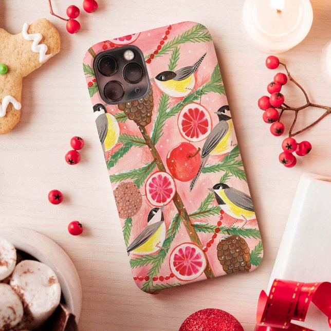 Cute red & yellow Chickadee birds Christmas tree H Case-Mate iPhone Case (Creator Uploaded)