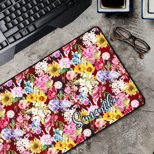 Cute red yellow elegant Floral monogram Desk Mat