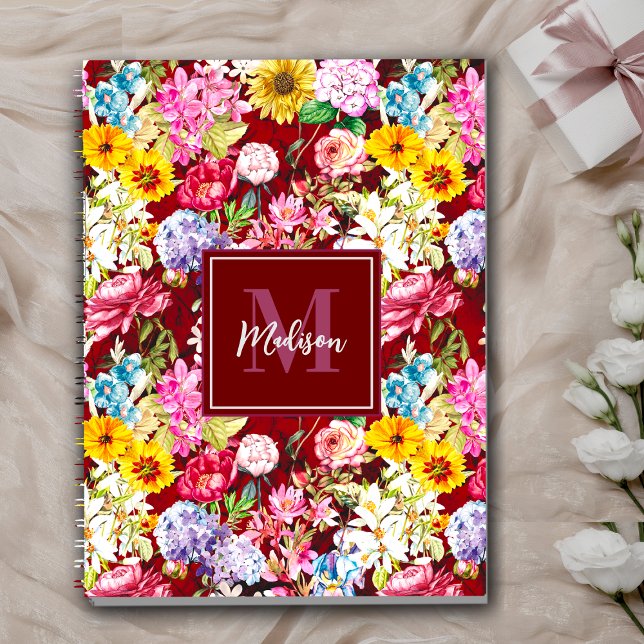 Cute red yellow elegant Floral monogram Notebook (Creator Uploaded)