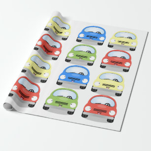 Cute red yellow green blue car cartoon pattern wrapping paper