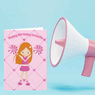Cute Redhead Cheerleader Custom Pink Birthday Card