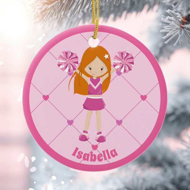 Cute Redhead Cheerleader Pink Custom Christmas Ceramic Ornament (Creator Uploaded)