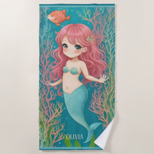 Cute Redhead Mermaid Kids Beach Towel