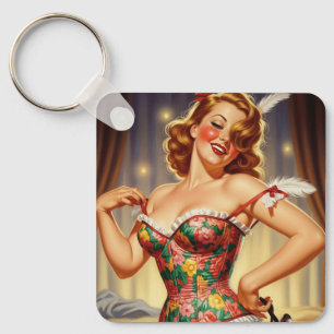 Cute Redhead pin-up girl with dog Key Ring