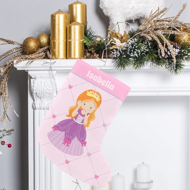 Cute Redhead Princess Girl Pink Hearts Custom Small Christmas Stocking (Creator Uploaded)