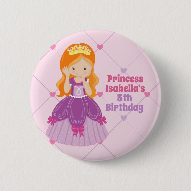 Cute Redhead Princess Pink Kids Birthday Party 6 Cm Round Badge (Front)