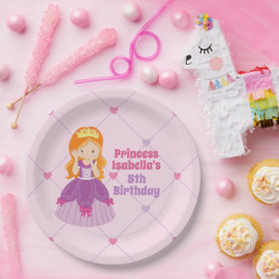 Cute Redhead Princess Pink Kids Birthday Party Paper Plate
