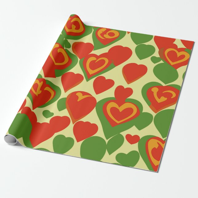 Cute Reggae Mini Hearts Red Gold Green Pattern Wrapping Paper (Unrolled)