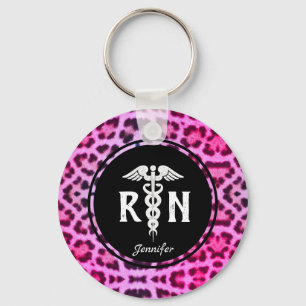 Cute Registered Nurse Caduceus Pink Leopard Custom Key Ring