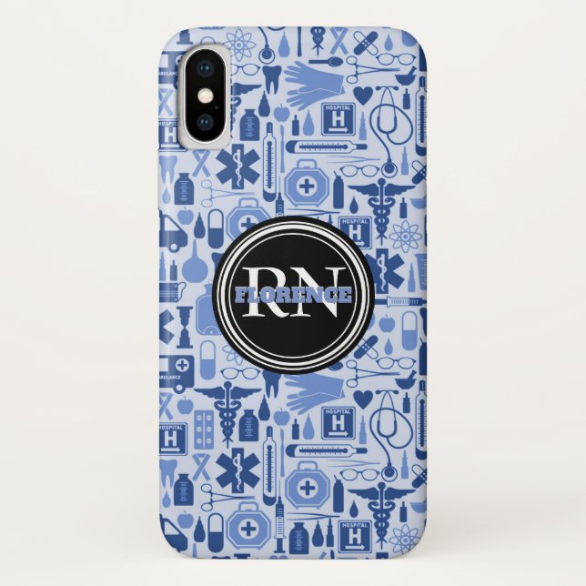 Cute Registered Nurse Medical Pattern Blue Name Case-Mate iPhone Case (Back)