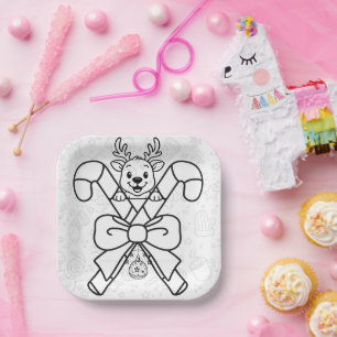Cute Reindeer and Candy Canes Holiday Design Paper Plate