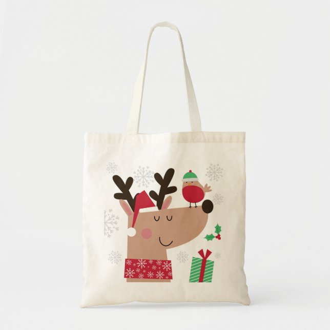 Cute Reindeer And Robin Tote Bag (Front)