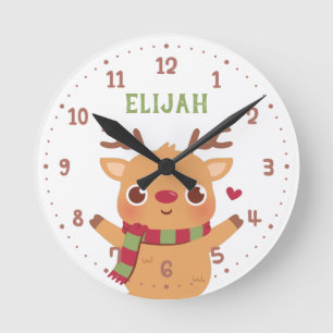 Cute Reindeer and Scarf, Kids Christmas Room Decor Round Clock