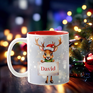 Cute reindeer and snow personalised Christmas Two-Tone Coffee Mug