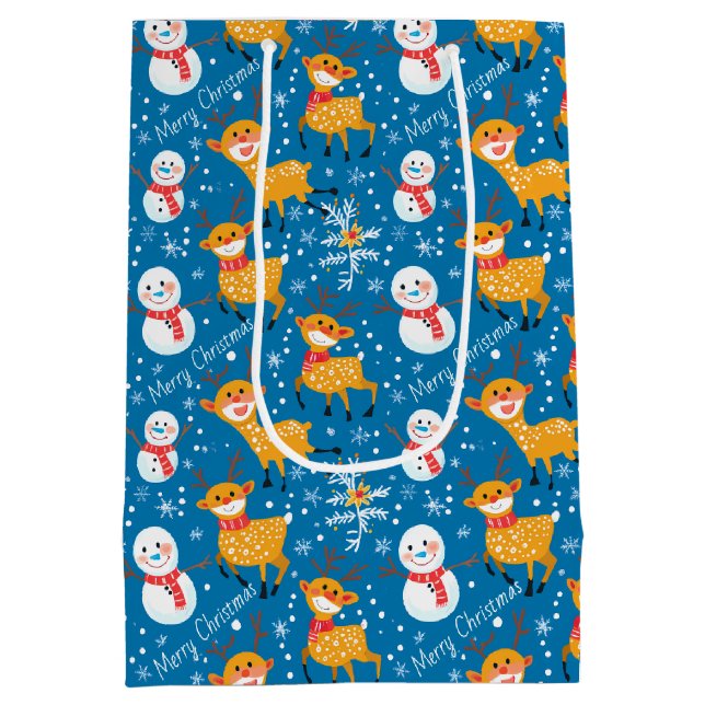 Cute Reindeer and Snowman Blue Medium Gift Bag (Back)