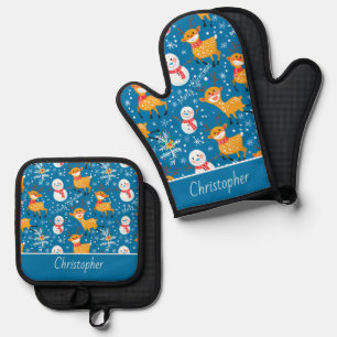 Cute Reindeer and Snowman Blue Oven Mitt & Pot Holder Set
