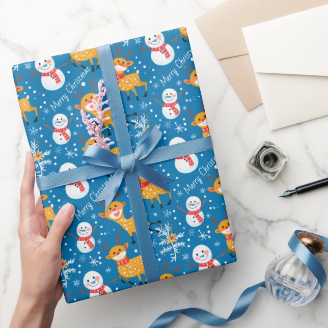 Cute Reindeer and Snowman Blue Wrapping Paper (Gifting)