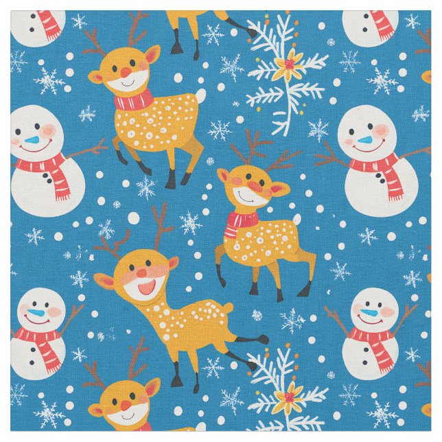 Cute Reindeer And Snowman Fabric (Close Up)