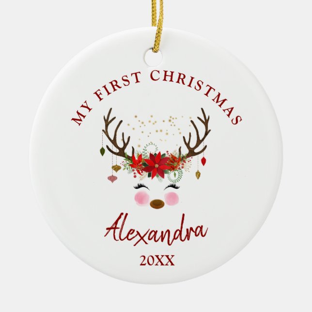 Cute Reindeer Baby 1st Christmas Ornament (Front)