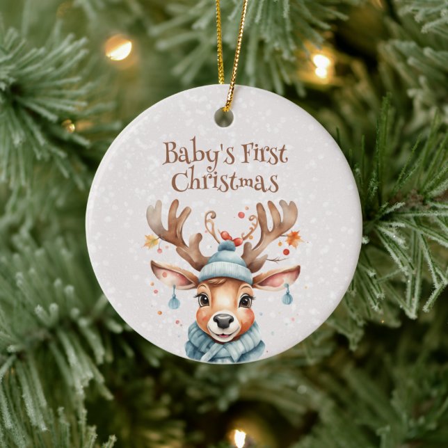 Cute Reindeer Baby's First Christmas Photo Ceramic Ornament (Tree)