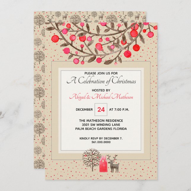 Cute #Reindeer & Berries Earth Tone / Custom Colou Invitation (Front/Back)