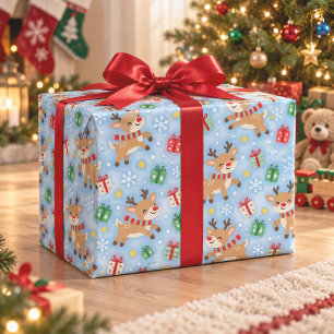 Cute Reindeer Blue Kids Christmas Wrapping Paper