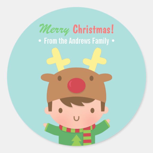 Cute Reindeer Boy Christmas Decor Stickers (Front)