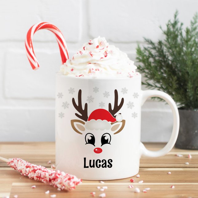 Cute Reindeer Boy Santa Hat Custom Name Coffee Mug (Creator Uploaded)