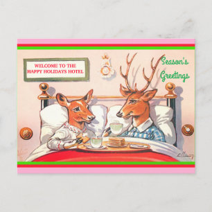 Cute Reindeer Breakfast in Bed Vintage 1910 copy Postcard