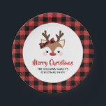 Cute Reindeer Buffalo Bow Red Merry Christmas Paper Plate<br><div class="desc">Cute rustic Christmas party paper plates with a cute reindeer with a big red nose,  lashes,  and a plaid bow in her antlers. Red buffalo check trim. Add your family name!</div>