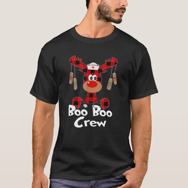 Cute Reindeer Buffalo Plaid Boo Boo Crew Nurse T-Shirt (Front)