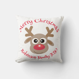 Cute Reindeer Cartoon Blue Christmas Cushion
