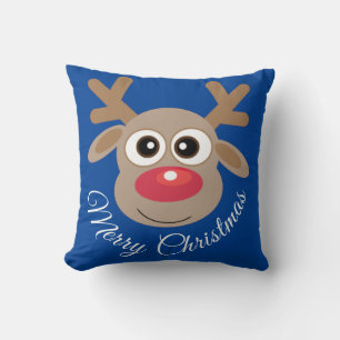 Cute Reindeer Cartoon Blue Christmas Novelty Cushion