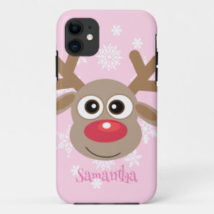 Cute Reindeer Cartoon Christmas Fun Girly Pink iPhone 11 Case