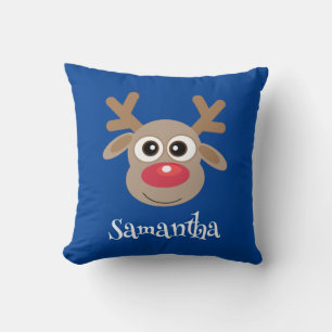 Cute Reindeer Cartoon Name Blue Christmas Cushion