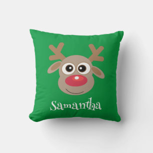 Cute Reindeer Cartoon Name Green Christmas Cushion