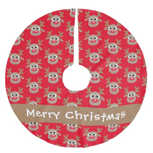Cute Reindeer Cartoon Pattern Red Name Brushed Polyester Tree Skirt (Front)