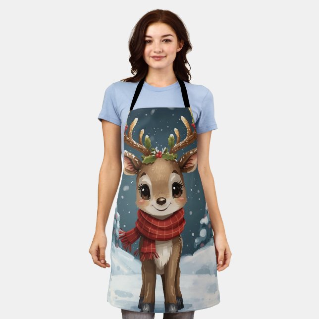 Cute reindeer christmas apron for festive kitchen  (Worn)