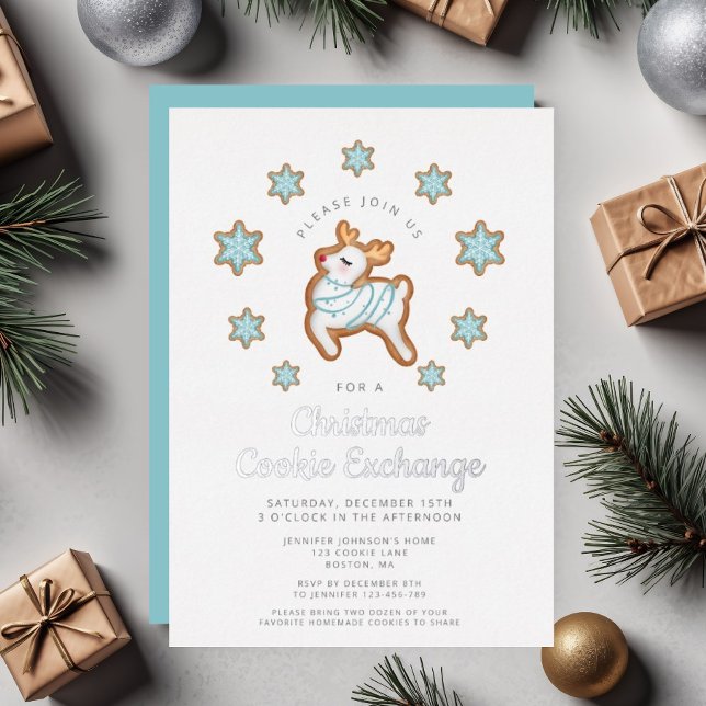 Cute Reindeer Christmas Cookie Exchange (Cute Reindeer Christmas Cookie Exchange Foil Invitation)