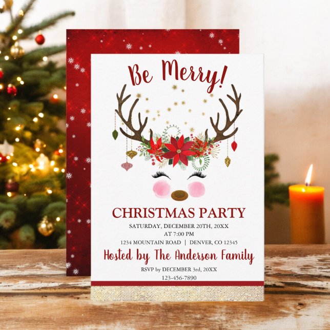Cute Reindeer Christmas Holiday Dinner Party Invitation (Creator Uploaded)