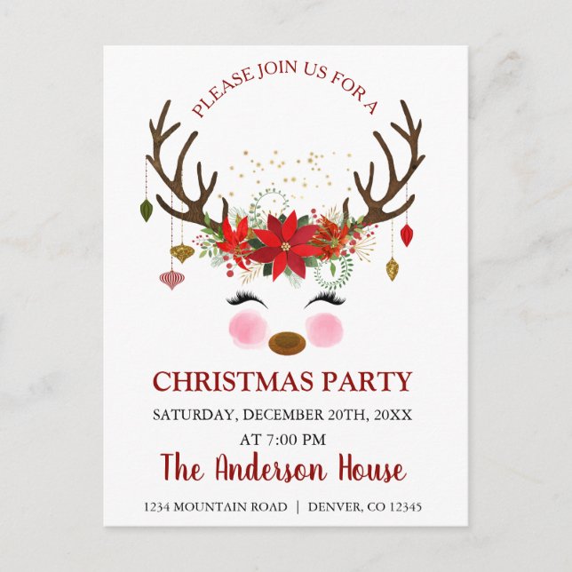 Cute Reindeer Christmas Holiday Dinner Party Postcard (Front)