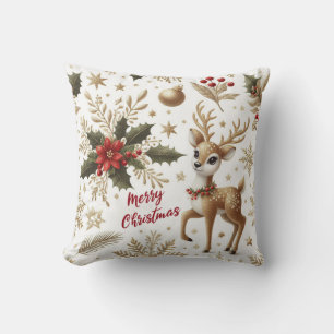 Cute reindeer, christmas holly, poinsettias cushion