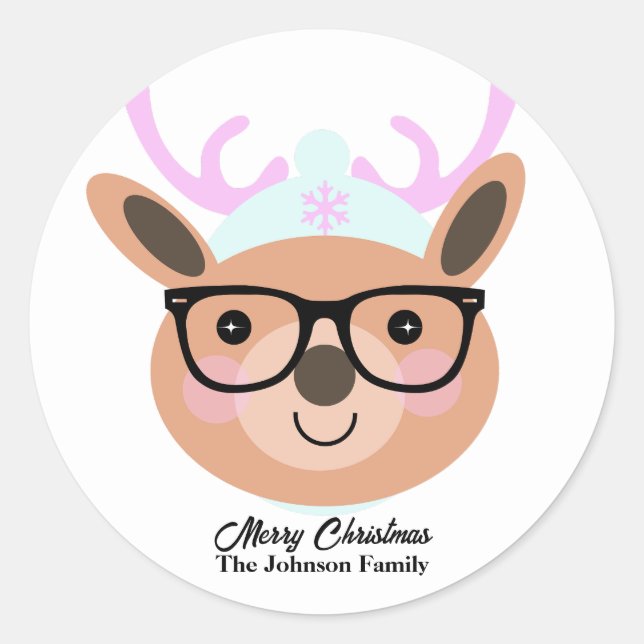 Cute Reindeer Christmas Party Scarf Hat Glasses  Classic Round Sticker (Front)