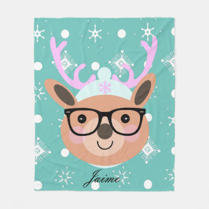 Cute Reindeer Christmas Party Scarf Hat Glasses Fleece Blanket