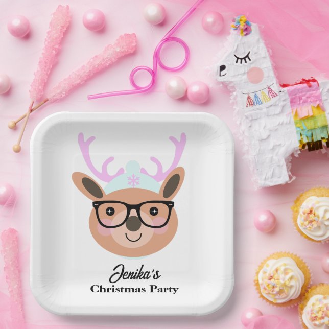 Cute Reindeer Christmas Party Scarf Hat Glasses    Paper Plate (Party)