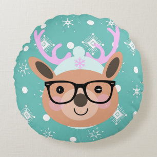 Cute Reindeer Christmas Party Scarf Hat Glasses    Round Cushion