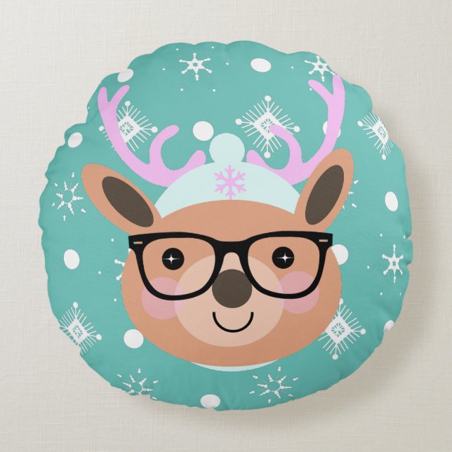Cute Reindeer Christmas Party Scarf Hat Glasses    Round Cushion (Front)