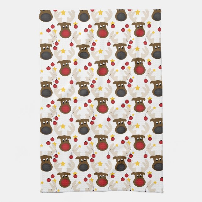 Cute Reindeer Christmas Pattern Tea Towel (Vertical)