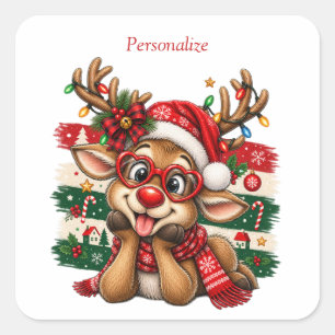 Cute Reindeer Christmas Personalised Holiday Square Sticker