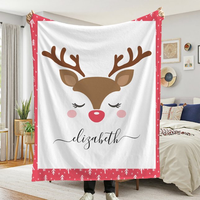 Cute Reindeer Christmas Personalised Name Fleece Blanket (Creator Uploaded)